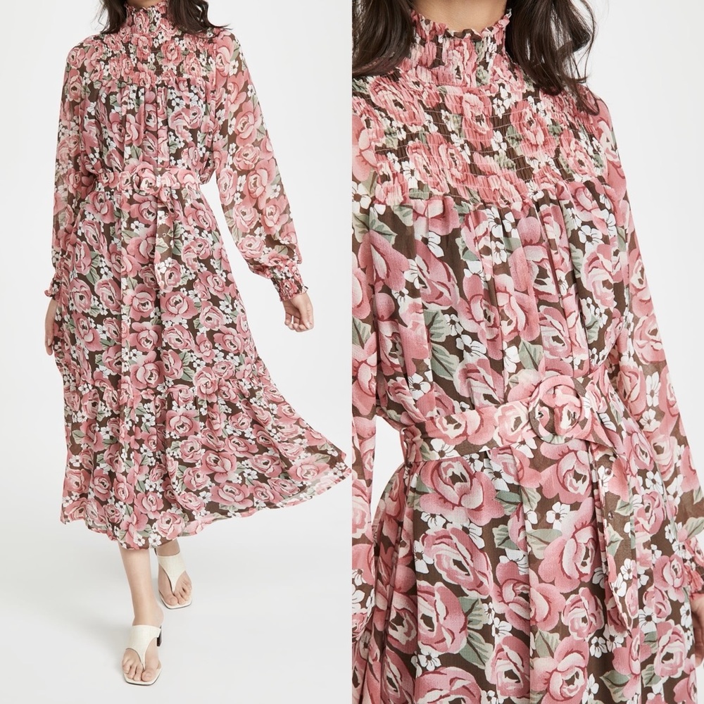 En Saison Floral Print Smocked Pink Belted High Neck Long Sleeves Midi Dress M